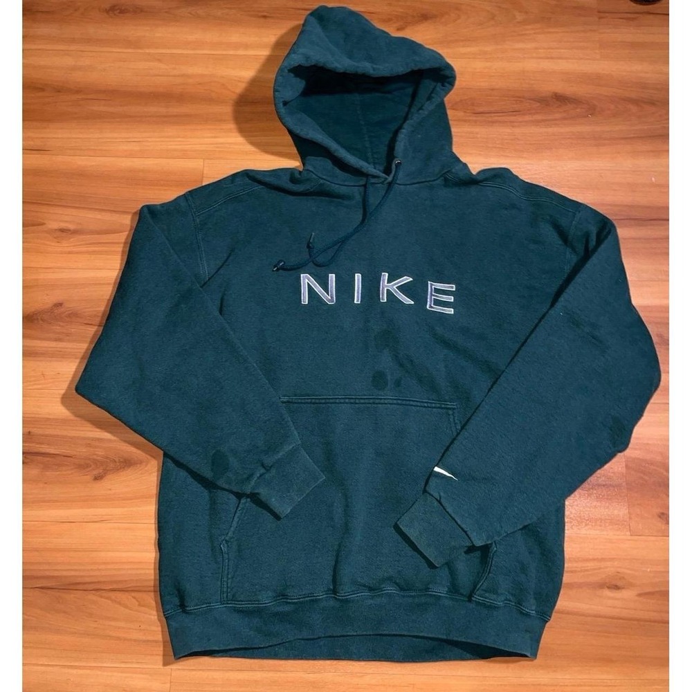 Vintage Nike 90's Spellout Thick Drawstring Green Pullover Hoodie Sweatshirt